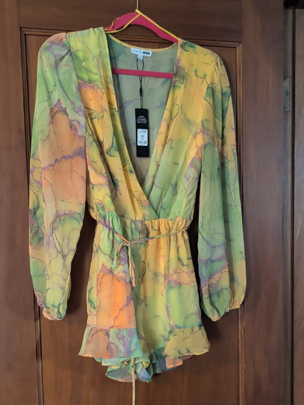 Fashion Nova Yellow Green Marble Print Romper with Purple Accents